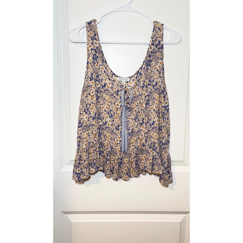 Patrons of Peace Floral Peplum Tank Top Blue Yellow Daisy Boho Size Medium